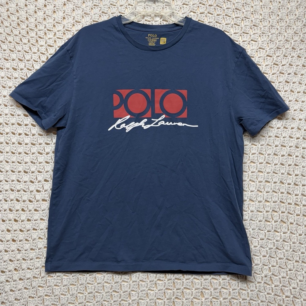 Polo Ralph Lauren  Script Tee  Shirt Men's Size L Blue Classic Fit 100%Cotton